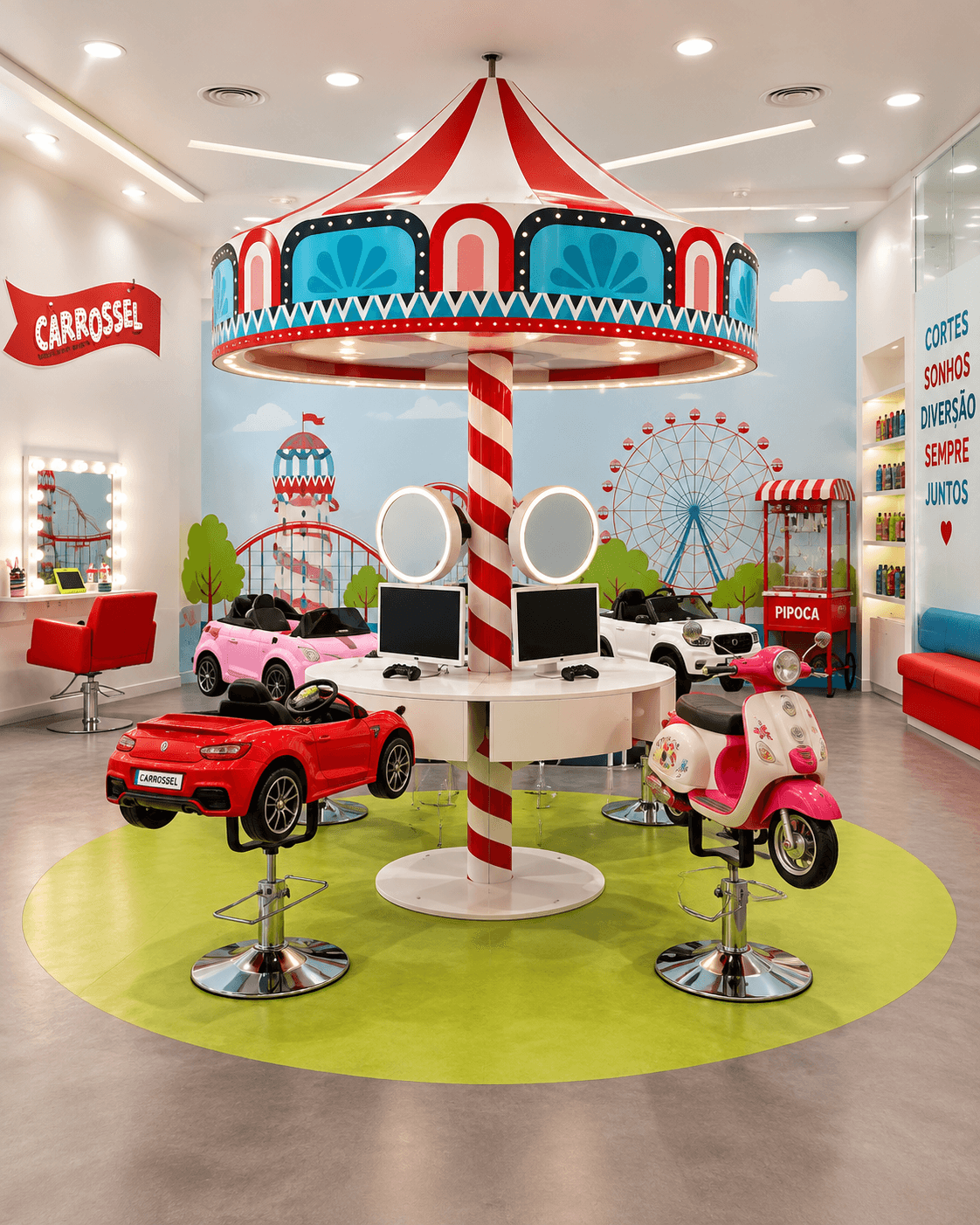 O carrossel ao centro do salão, com as cadeiras em forma de carro e trotinete