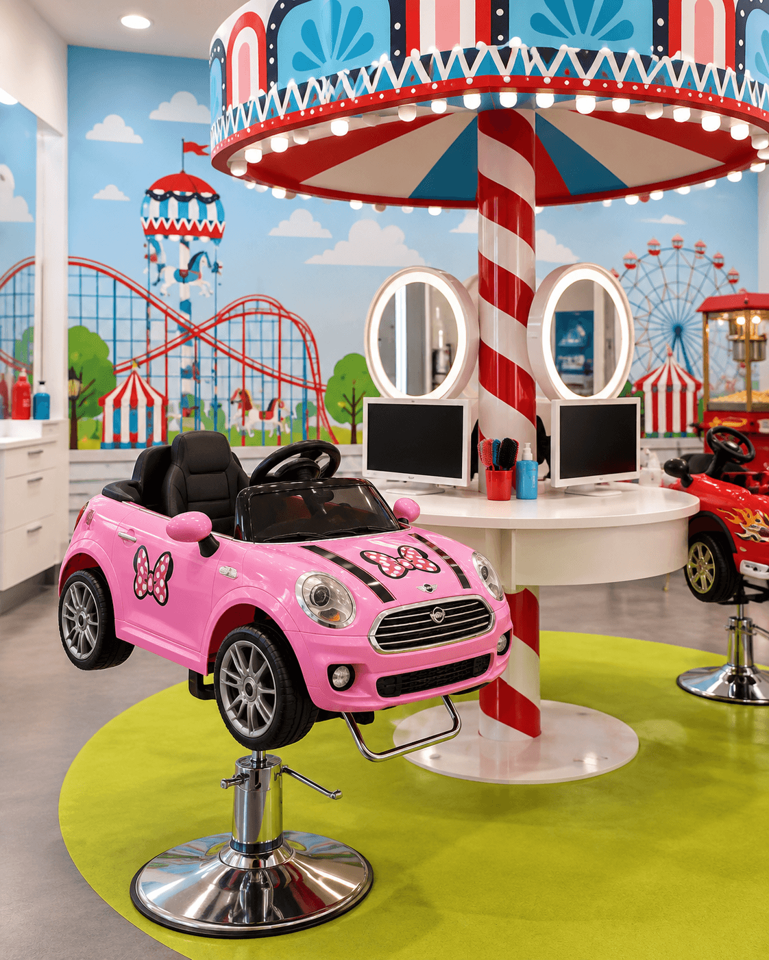 Cadeira-carro cor-de-rosa junto à bancada, com o mural do parque de diversões atrás