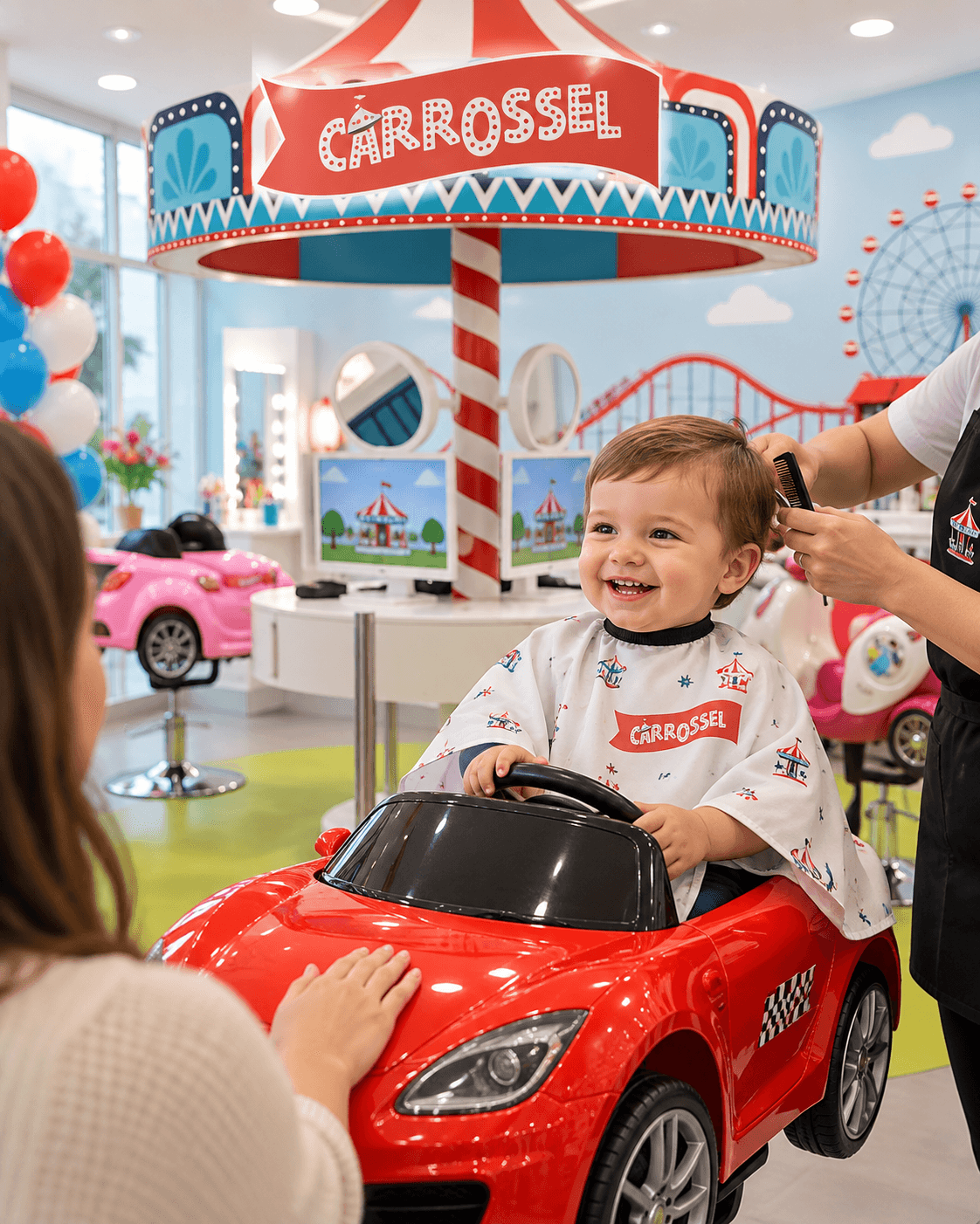 Bebé a sorrir enquanto é penteado, sentado no carro vermelho do Carrossel