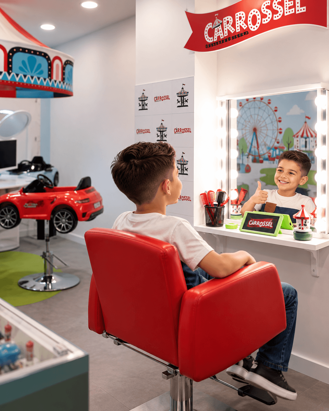 Menino a ver o resultado do corte ao espelho, na cadeira vermelha do Carrossel