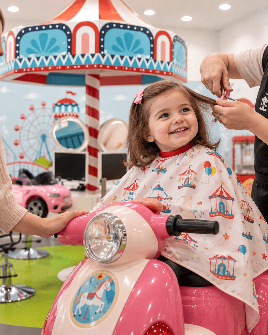 Criança a sorrir durante um corte de cabelo