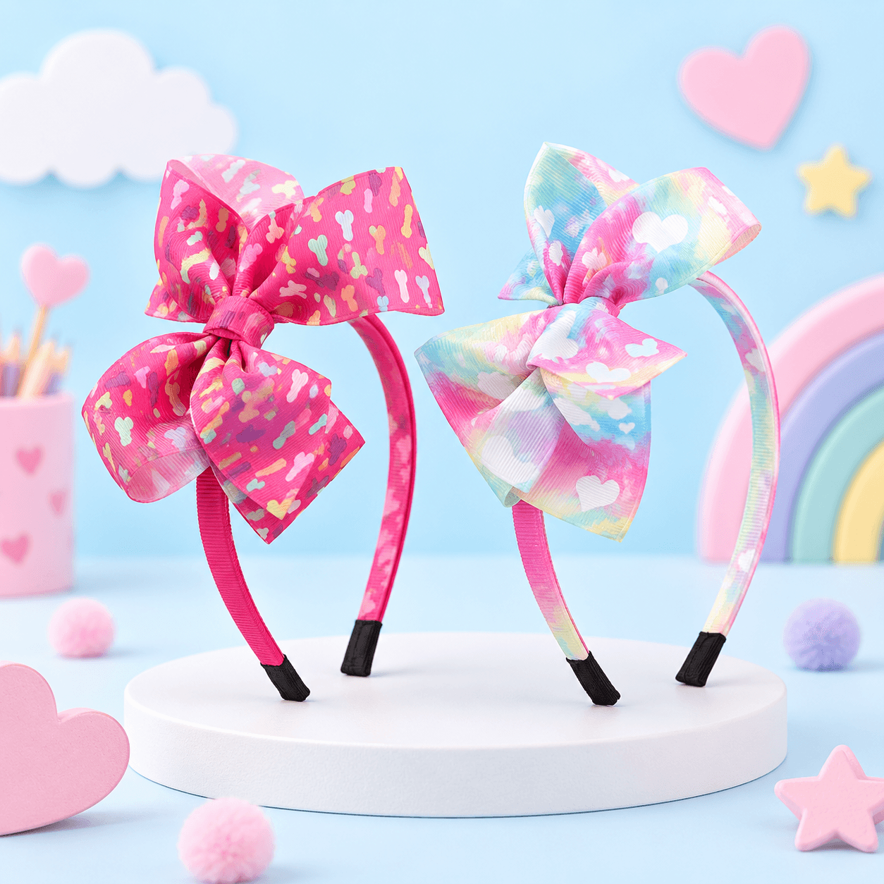 Duas bandoletes com laços grandes estampados, uma rosa e outra em tons de arco-íris