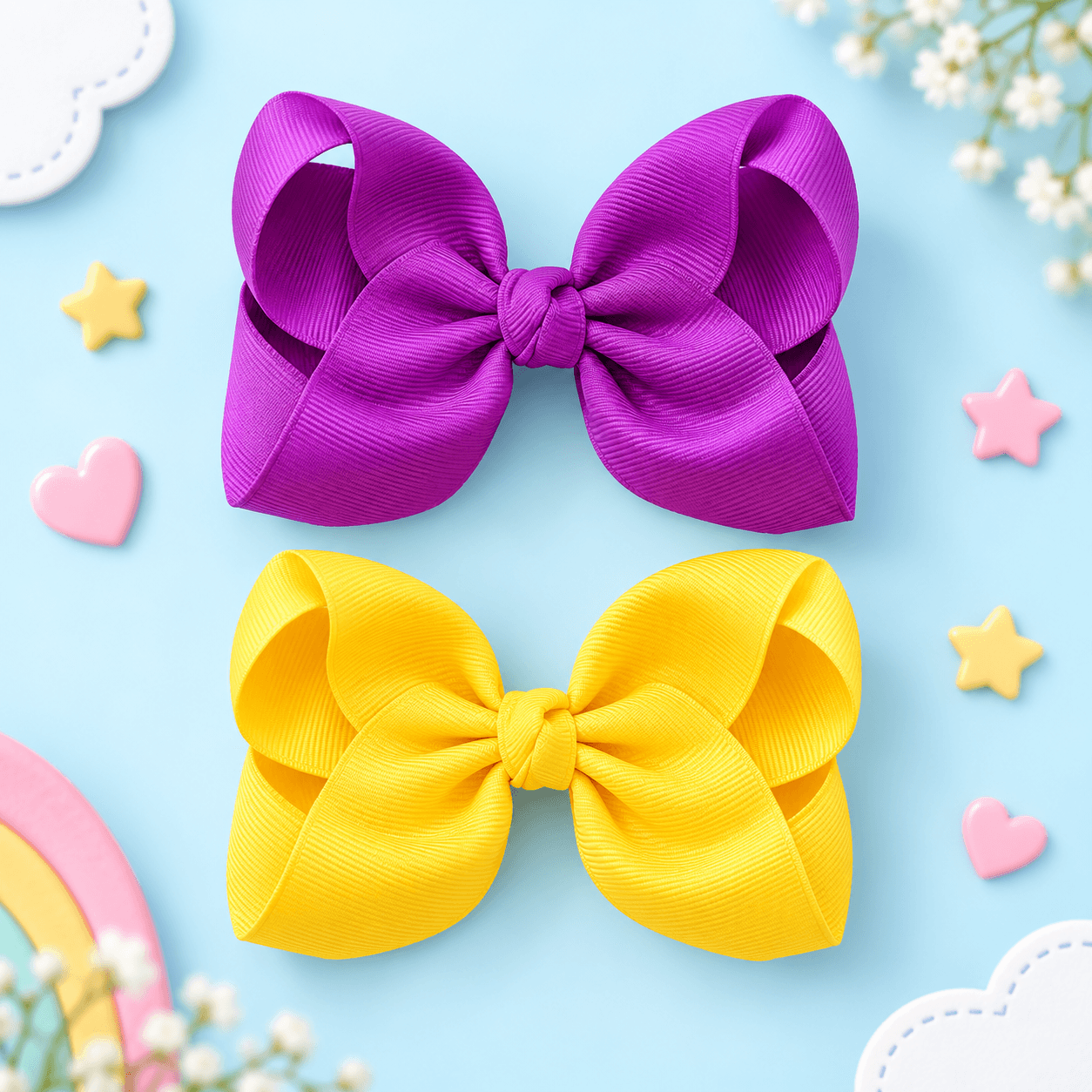 Dois laços grandes de fita canelada, um roxo e outro amarelo