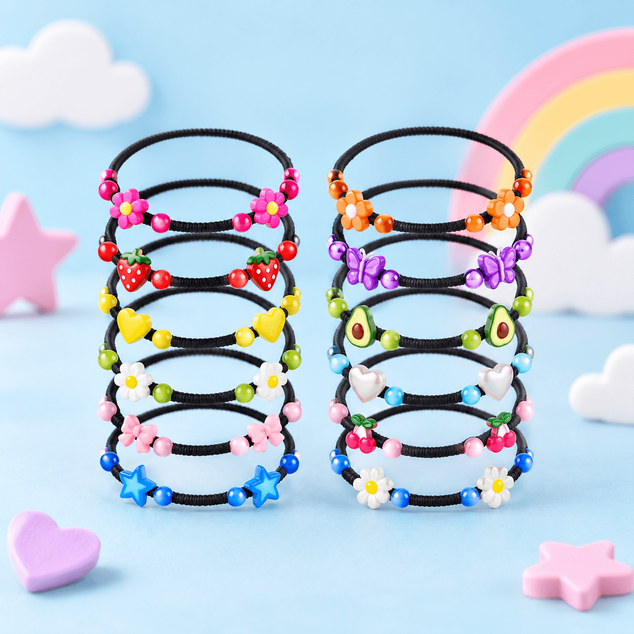 Vários elásticos de cabelo com miçangas coloridas e figuras