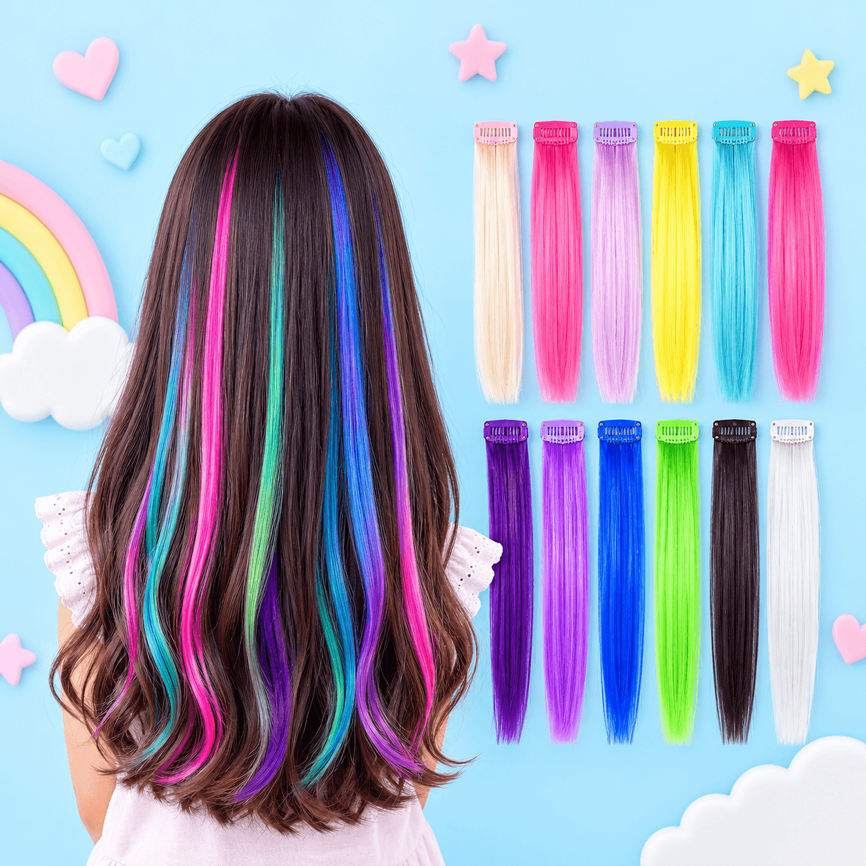 Madeixas de cabelo coloridas com mola, ao lado de uma criança que as usa